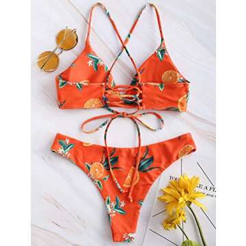 ZAFUL Bikini Orange Print Back Criss Cross Lace-up Swimwear Cute Padded Two Piece Bathing Suits Papaya Orange M