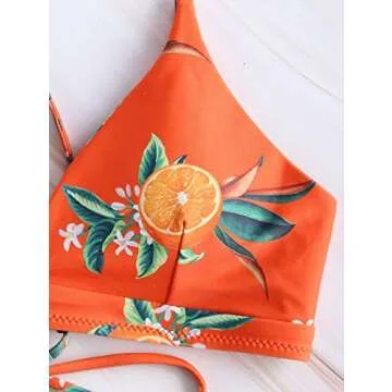 ZAFUL Bikini Orange Print Back Criss Cross Lace-up Swimwear Cute Padded Two Piece Bathing Suits Papaya Orange M