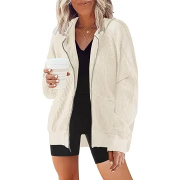 SAUKOLE Women's Oversized Waffle Knit Zip Up Hoodie