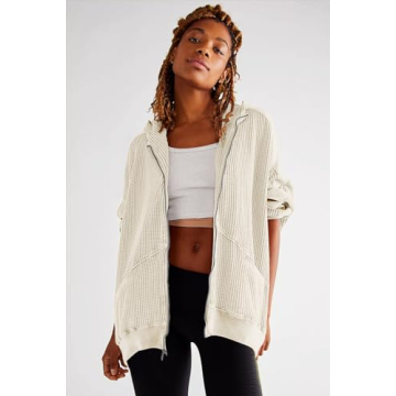 SAUKOLE Women's Oversized Waffle Knit Zip Up Hoodie