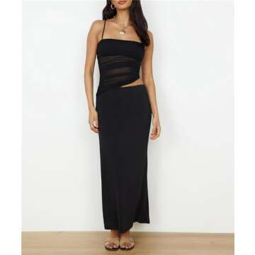 Skirt Sets Women 2 Piece Outfits - Summer Brunch Vacation Two Pc Sleeveless Asymmetrical Mesh Tank C...