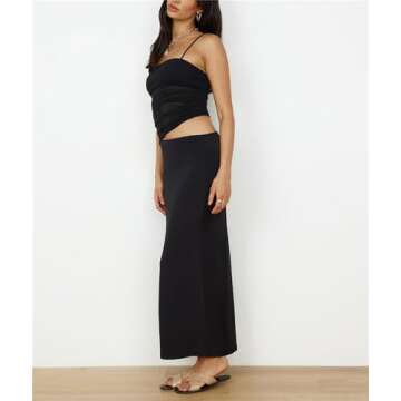 Skirt Sets Women 2 Piece Outfits - Summer Brunch Vacation Two Pc Sleeveless Asymmetrical Mesh Tank Crop Top Maxi Long Skirts Black S