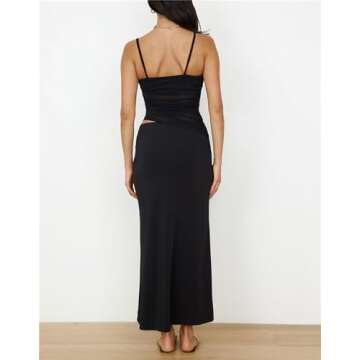 Skirt Sets Women 2 Piece Outfits - Summer Brunch Vacation Two Pc Sleeveless Asymmetrical Mesh Tank Crop Top Maxi Long Skirts Black S