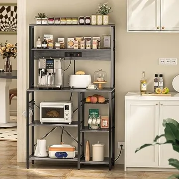 SUPERJARE Bakers Rack with Power Outlet, 35.4 Inches Coffee Bar with Wire Basket, Kitchen Microwave Stand with 6 S-Shaped Hooks, Open Storage Shelves, Charcoal Gray