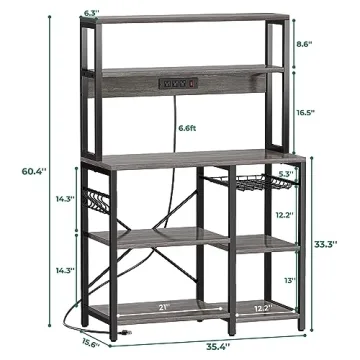 SUPERJARE Bakers Rack with Power Outlet, 35.4 Inches Coffee Bar with Wire Basket, Kitchen Microwave Stand with 6 S-Shaped Hooks, Open Storage Shelves, Charcoal Gray