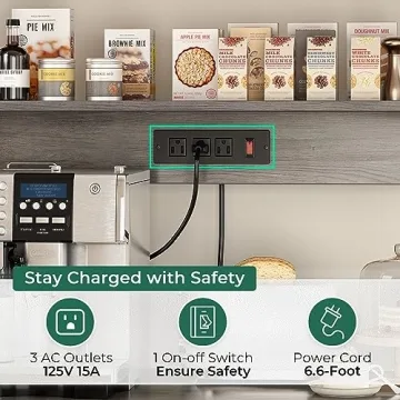 SUPERJARE Bakers Rack with Power Outlet, 35.4 Inches Coffee Bar with Wire Basket, Kitchen Microwave Stand with 6 S-Shaped Hooks, Open Storage Shelves, Charcoal Gray