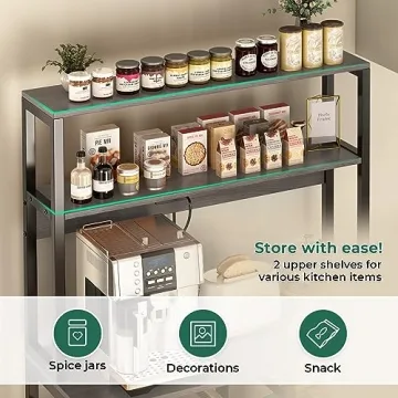 SUPERJARE Bakers Rack with Power Outlet, 35.4 Inches Coffee Bar with Wire Basket, Kitchen Microwave Stand with 6 S-Shaped Hooks, Open Storage Shelves, Charcoal Gray