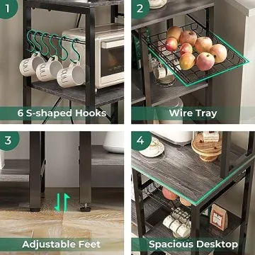 SUPERJARE Bakers Rack with Power Outlet, 35.4 Inches Coffee Bar with Wire Basket, Kitchen Microwave Stand with 6 S-Shaped Hooks, Open Storage Shelves, Charcoal Gray