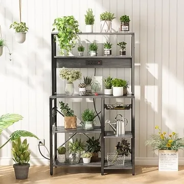 SUPERJARE Bakers Rack with Power Outlet, 35.4 Inches Coffee Bar with Wire Basket, Kitchen Microwave Stand with 6 S-Shaped Hooks, Open Storage Shelves, Charcoal Gray