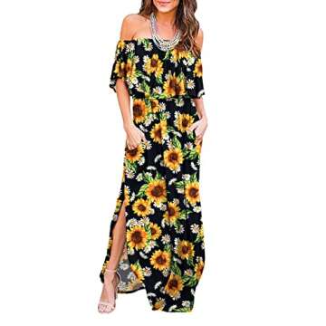 LILBETTER Womens Floral Print Off The Shoulder Ruffle Party Dresses Side Split Beach Maxi Dress (SF ...