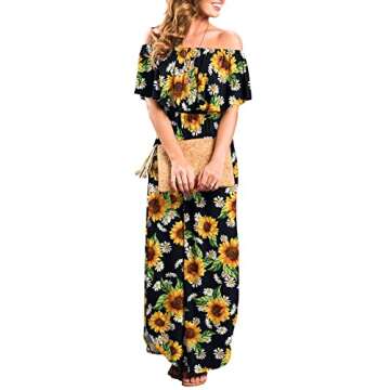 LILBETTER Womens Floral Print Off The Shoulder Ruffle Party Dresses Side Split Beach Maxi Dress (SF Black,X-Large)