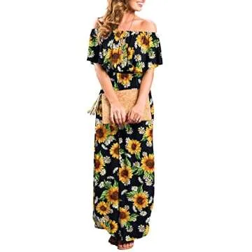 LILBETTER Womens Floral Print Off The Shoulder Ruffle Party Dresses Side Split Beach Maxi Dress (SF Black,X-Large)