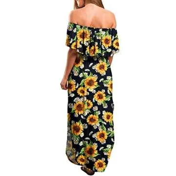 LILBETTER Womens Floral Print Off The Shoulder Ruffle Party Dresses Side Split Beach Maxi Dress (SF Black,X-Large)