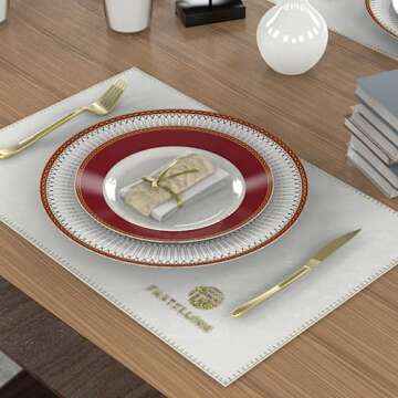 China Plates Set, 10.75 inch Porcelain Dinnerware Set of 4, Ceramic Dinner Plates, Microwave Safe Gold and Red Bone China Plates