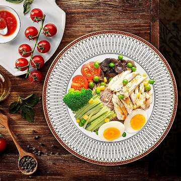 China Plates Set, 10.75 inch Porcelain Dinnerware Set of 4, Ceramic Dinner Plates, Microwave Safe Gold and Red Bone China Plates