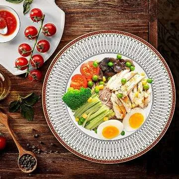 China Plates Set, 10.75 inch Porcelain Dinnerware Set of 4, Ceramic Dinner Plates, Microwave Safe Gold and Red Bone China Plates