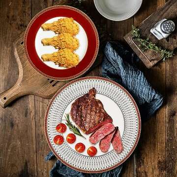 China Plates Set, 10.75 inch Porcelain Dinnerware Set of 4, Ceramic Dinner Plates, Microwave Safe Gold and Red Bone China Plates