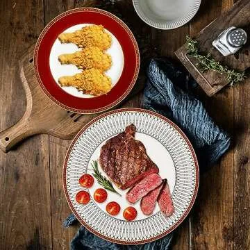 China Plates Set, 10.75 inch Porcelain Dinnerware Set of 4, Ceramic Dinner Plates, Microwave Safe Gold and Red Bone China Plates