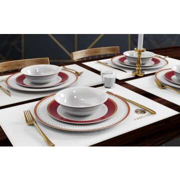 China Plates Set, 10.75 inch Porcelain Dinnerware Set of 4, Ceramic Dinner Plates, Microwave Safe Gold and Red Bone China Plates