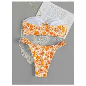 GORGLITTER Women's Floral Swimsuit Strapless Bandeau High Cut Thong Bikini Set Bathing Suit Orange Medium