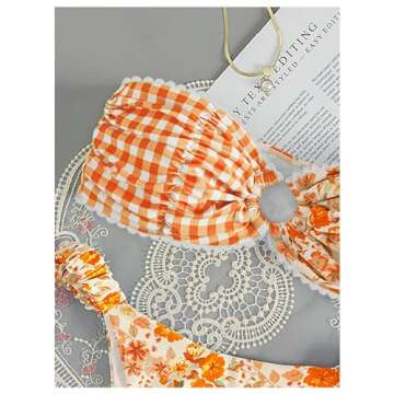 GORGLITTER Women's Floral Swimsuit Strapless Bandeau High Cut Thong Bikini Set Bathing Suit Orange Medium