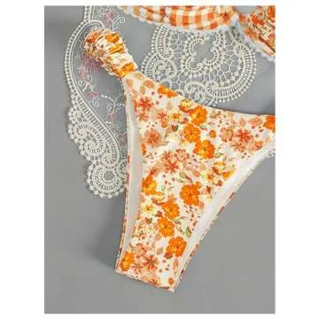 GORGLITTER Women's Floral Swimsuit Strapless Bandeau High Cut Thong Bikini Set Bathing Suit Orange Medium