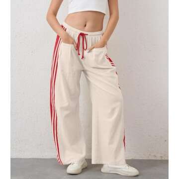 MISSACTIVER Women Side Striped Wide Leg Pants Color Block High Rise Drawstring Sweatpants Baggy Trac...