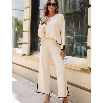 Faleave Women's Knit 2 Piece Outfits Long Sleeve Sweater Pullover Tops Wide Leg Pants Tracksuits Lounge Set(Apricot-L)