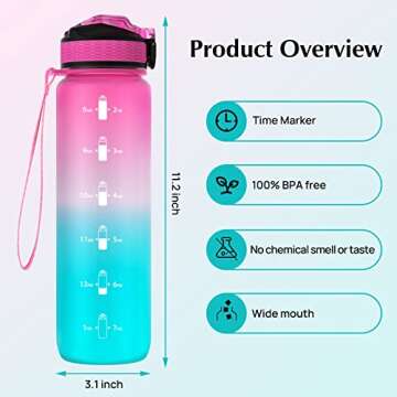 EYQ 32 oz Water Bottle with Time Marker, Carry Strap, Leak-Proof Tritan BPA-Free, Ensure You Drink Enough Water for Fitness, Gym, Camping, Outdoor Sports (Fuschia/Green Gradient)