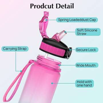 EYQ 32 oz Water Bottle with Time Marker, Carry Strap, Leak-Proof Tritan BPA-Free, Ensure You Drink Enough Water for Fitness, Gym, Camping, Outdoor Sports (Fuschia/Green Gradient)