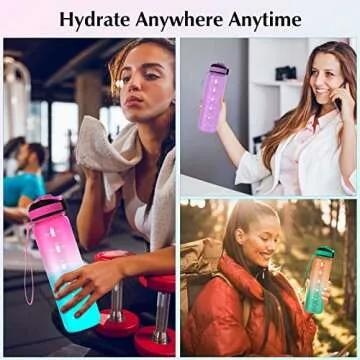 EYQ 32 oz Water Bottle with Time Marker, Carry Strap, Leak-Proof Tritan BPA-Free, Ensure You Drink Enough Water for Fitness, Gym, Camping, Outdoor Sports (Fuschia/Green Gradient)