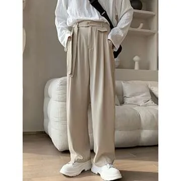OYOANGLE Men's Fold Pleated Straight Wide Leg Suit Pants Business Casual Pants with Pocket Khaki Medium