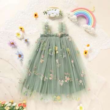 Toddler Baby Girls Tutu Dress Sleeveless Floral Print Layered Tulle Dress Little Girl Princess Dresses with Flower Headband (Green#1, 12-18 Months)