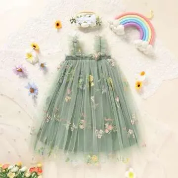 Toddler Baby Girls Tutu Dress Sleeveless Floral Print Layered Tulle Dress Little Girl Princess Dresses with Flower Headband (Green#1, 12-18 Months)