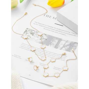 Qinpan Four Leaf Clover Necklace Bracelet and Stud Earrings Set for Women Lucky Flower Jewelry (White-14K Gold)