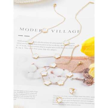 Qinpan Four Leaf Clover Necklace Bracelet and Stud Earrings Set for Women Lucky Flower Jewelry (White-14K Gold)