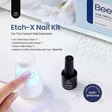 Beetles Gel Nail Kit Easy Nail Extension Set With Etch X Nail Tips 504Pcs Half Matte Medium Coffin S...