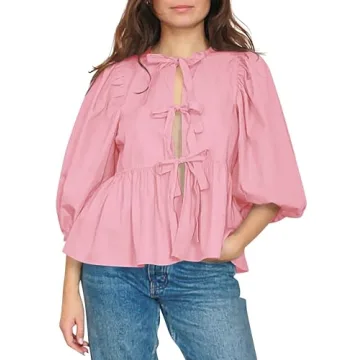 AKLOPVII Women’s Trendy Puff Sleeve Cut Out Tie Front Blouse - Ideal for Summer & Spring