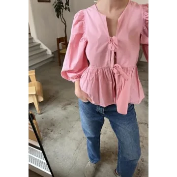 AKLOPVII Tie Front Puff Sleeve Tops for Women