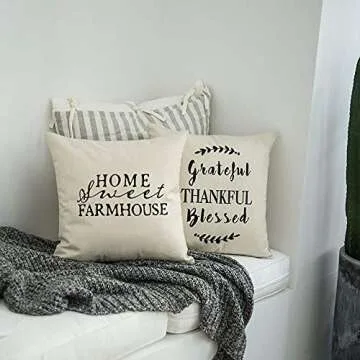 Meekio Farmhouse Pillow Covers with Grateful Thankful Blessed Quotes 18" x 18" Farmhouse Décor Thank You Gifts