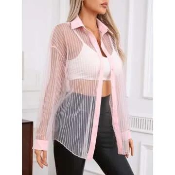Trendy Women Striped Sheer Blouse - Milumia Light Pink