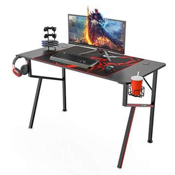 DESIGNA Gaming Desk 47'', K-Shaped Computer Desk, Office Desk Gamer Style with Mouse Pad, Cup Holder, Headphone Hook, Controller Stand, Easy to Assemble, Carbon Fiber Desktop, Black