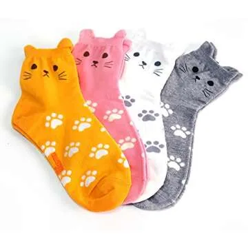 BALMOA Women Socks Gift - Animal Cat Dog Art Animation Character | Gifts for Socks Women (Animal - Cat Foot Print 4pcs)