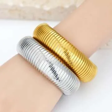 MISS RIGHT Gold Chunky Stretch Snake Chain Bangle Bracelets Stack for Women Trendy, 18K Gold Filled Stainless Steel Stretchy Womens Stackable Wristband Bangles Bracelet Set of 2 (Gold&Silver 20mm)