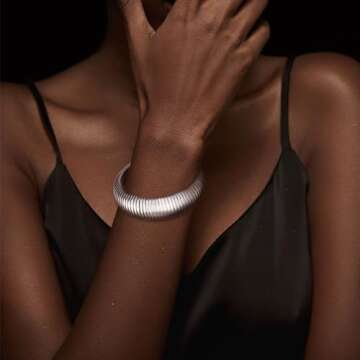 MISS RIGHT Gold Chunky Stretch Snake Chain Bangle Bracelets Stack for Women Trendy, 18K Gold Filled Stainless Steel Stretchy Womens Stackable Wristband Bangles Bracelet Set of 2 (Gold&Silver 20mm)