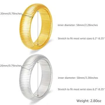 MISS RIGHT Gold Chunky Stretch Snake Chain Bangle Bracelets Stack for Women Trendy, 18K Gold Filled Stainless Steel Stretchy Womens Stackable Wristband Bangles Bracelet Set of 2 (Gold&Silver 20mm)