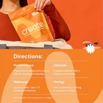Create Creatine Monohydrate Gummies for Men & Women, Boost Focus, Strength, and Endurance, Anti-Melting Formula, Vegan, Gluten-Free, Non-GMO, 1.5g of Creatine per Gummy (Orange, 90 ct)