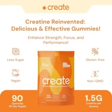 Create Creatine Monohydrate Gummies for Men & Women, Boost Focus, Strength, and Endurance, Anti-Melting Formula, Vegan, Gluten-Free, Non-GMO, 1.5g of Creatine per Gummy (Orange, 90 ct)