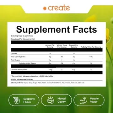 Create Creatine Monohydrate Gummies for Men & Women, Boost Focus, Strength, and Endurance, Anti-Melting Formula, Vegan, Gluten-Free, Non-GMO, 1.5g of Creatine per Gummy (Orange, 90 ct)