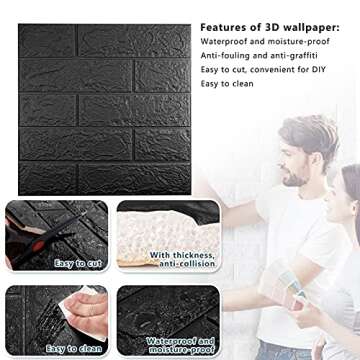 Sodeno 40 PCS Black 3D Wall Panels, 58 sq.feet Coverage Printable Wallpaper Sticker with Self-Adhesive Waterproof Brick PE Foam Wall Panels Peel and Stick for Interior Wall Decor, Home Decoration